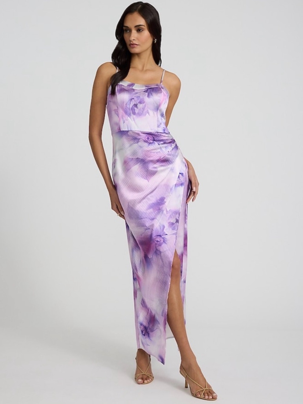 Express Satin Lavender Printed Sweetheart Sleeveless Ruched Maxi Dress MEDIUM - Picture 2 of 11